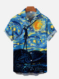 Classic Famous Painting Starry Sky Vortex And Skeleton Gentleman Printing Short Sleeve Shirt