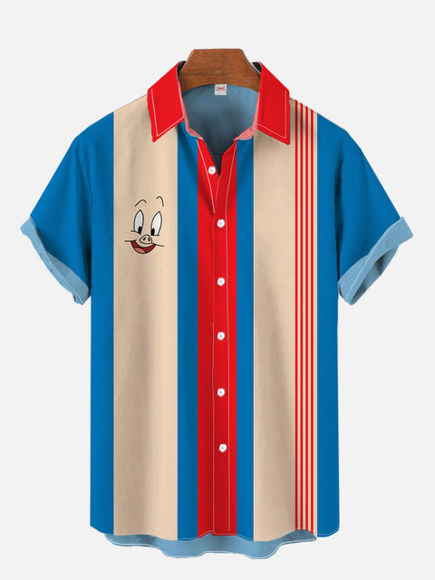 Retro Blue And Khaki Stripes And Cartoon Pig Pattern Printing Short Sleeve Shirt