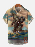 Ukiyo-E Monster Art High-Speed Train And Godzilla On A Hilly Area Printing Breast Pocket Short Sleeve Shirt