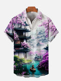 Ukiyo-E Landscape Art Purple Flower Pavilion And Lake Printing Breast Pocket Short Sleeve Shirt