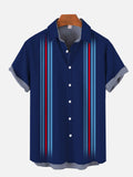 Vintage Blue Pinstripe Stitching Camping Short Sleeve Shirt