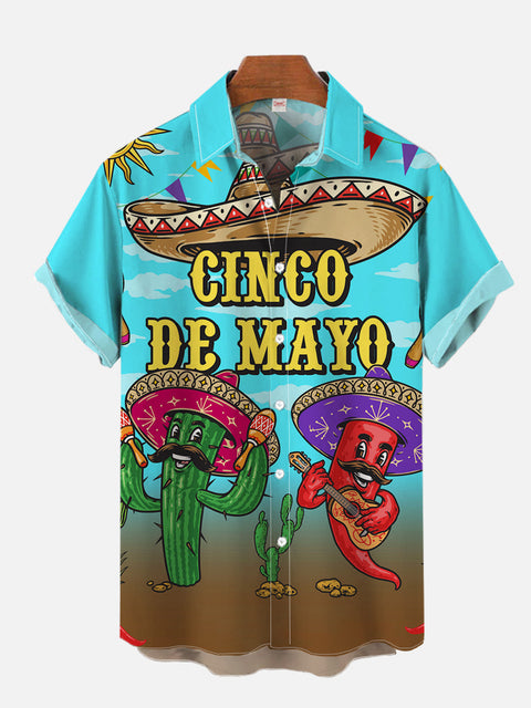 Cinco De Mayo Singing And Dancing Mexican Cactus And Chili Peppers Printing Short Sleeve Shirt