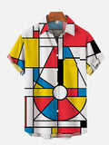Modern Art Color Block Stitching Spaceship Printing Breast Pocket Short Sleeve Shirt