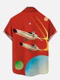 Retro Orange Poster Spaceship And Colorful Planets Printing Short Sleeve Shirt
