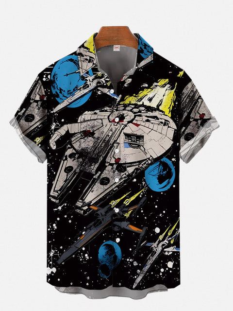 Hand Drawn Space War Spaceship And Flashing Star In Darkness Printing Short Sleeve Shirt