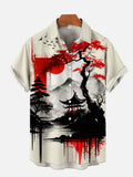 Ukiyo-E Red And Black Ink Painting Art Red Sun And Solitary Pavilion Printing Short Sleeve Shirt
