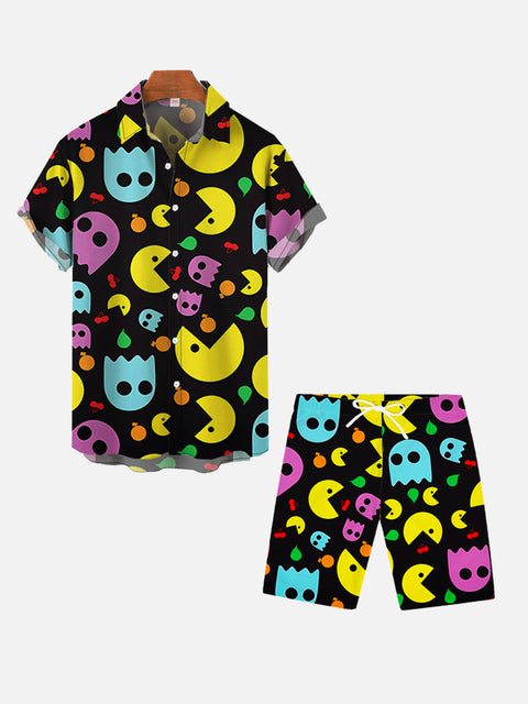 Colorful Cartoon Jellyfish And Yellow Incomplete Round Mouth Monster Printing Shorts