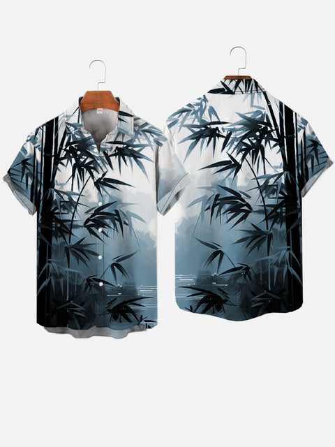 Mysterious Oriental Ink Painting Of Bamboo Forest And Lake Printing Short Sleeve Shirt
