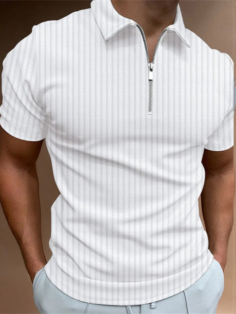 Casual White Striped Printing Zipper Spread Collar Short Sleeve Polo