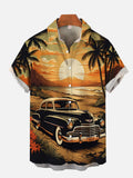Hawaii's Glowing Sunset And Beach With Classic Car Printing Short Sleeve Shirt