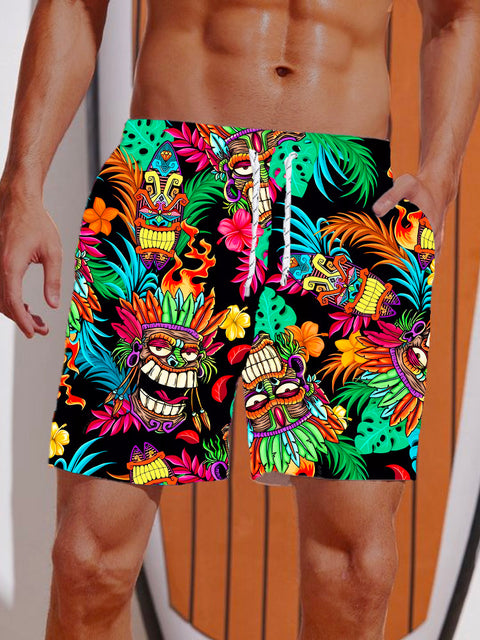 Light Colorful Tropical Tribal Tikis Printing Shorts