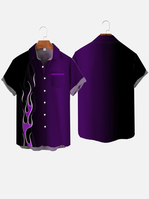 Gradient Black And Purple With Blazing Fire Printing Breast Pocket Short Sleeve Shirt