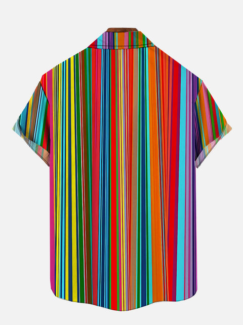Hawaiian Tribal Style Rainbow Vertical Stripes Printing Breast Pocket Short Sleeve Shirt