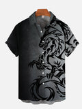 Black Gradient Mythical Beast Dragon Totem Printing Short Sleeve Shirt