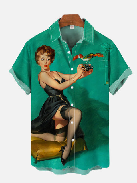 Cyan Vintage Pin Up Girl Poster Beauty And Camera Printing Short Sleeve Shirt