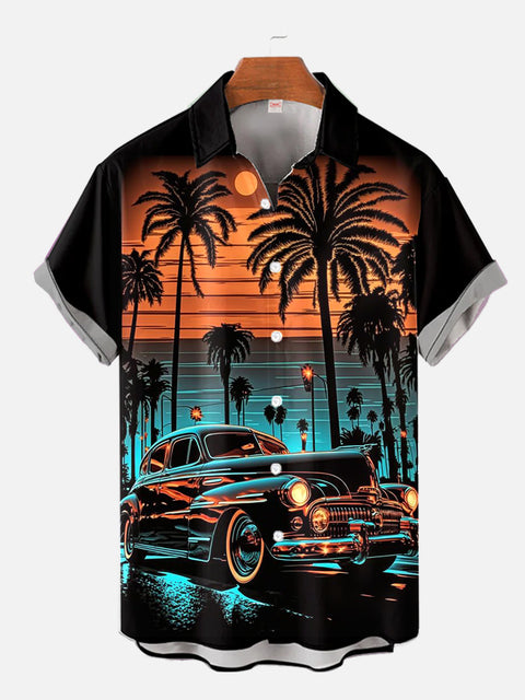 Vintage Art Black Light Classic Car And Coconut Tree Silhouette Printing Short Sleeve Shirt