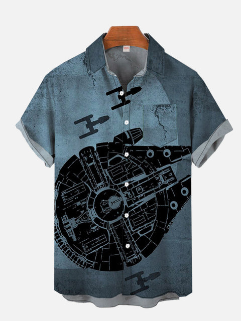 Retro Blue Space Vehicles And Drones Printing Breast Pocket Short Sleeve Shirt