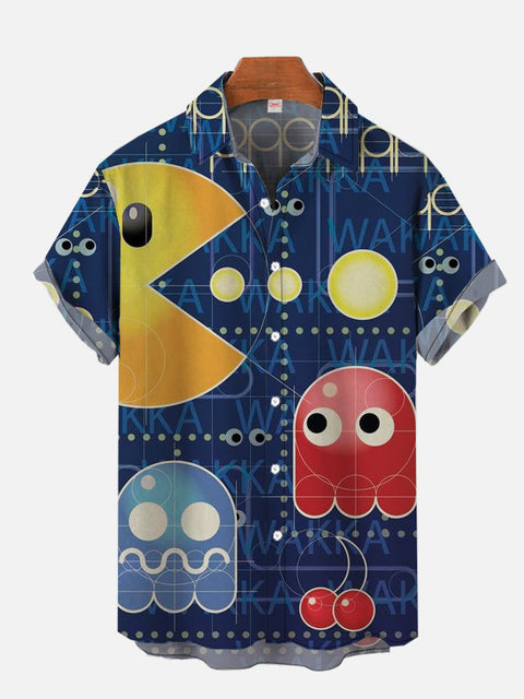Blue Retro Game Cartoon Jellyfish And Yellow Mouth Monster Printing Short Sleeve Shirt