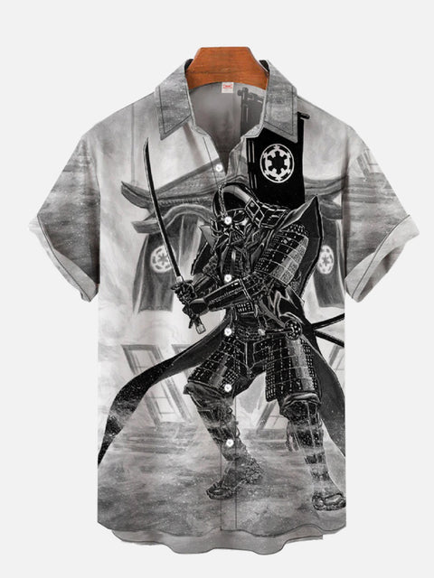Vintage Ukiyo-E Japan Style Samurai With A Sword Printing Short Sleeve Shirt