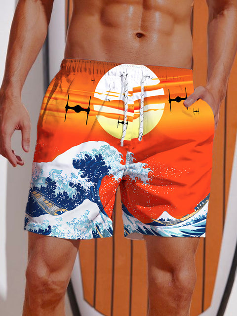 Ukiyo-E Orange Sunset Drones With Ocean Waves Personalized Printing Shorts