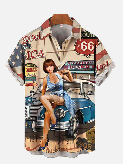 Vintage Pin Up Girl Poster Travel USA Route 66 Retro Car And Girl Printing Short Sleeve Shirt