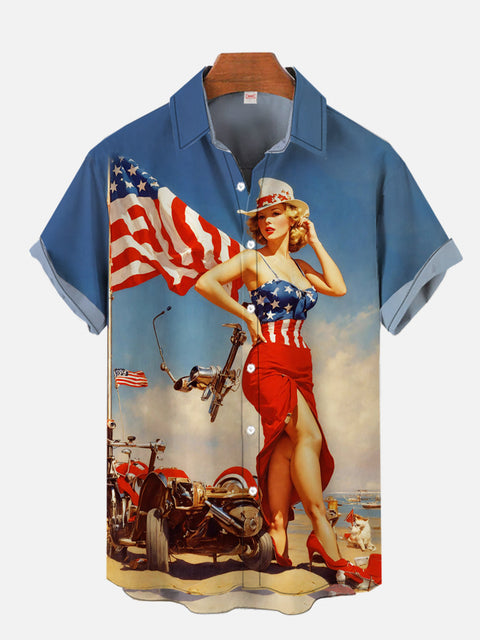 Vintage Pin Up Art American Flag And Girl Printing Short Sleeve Shirt