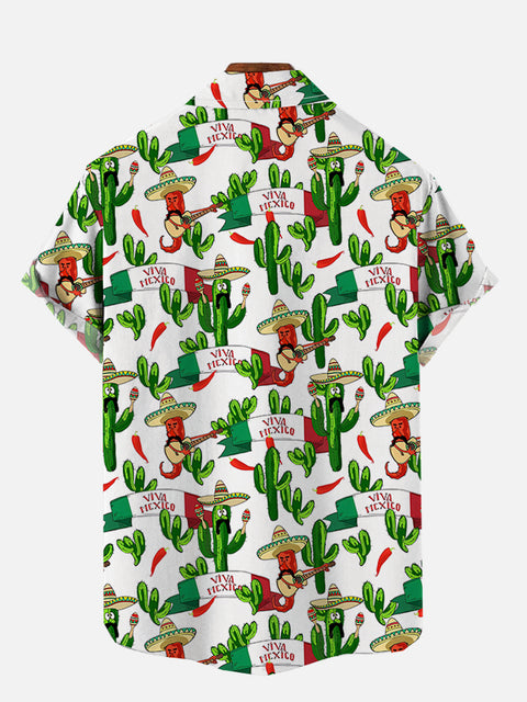Cinco De Mayo Mexican Cartoon Cactus And Peppers Printing Breast Pocket Short Sleeve Shirt