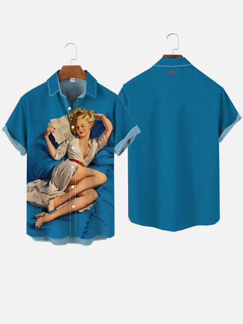 Blue Vintage Pin Up Girl Poster Beauty Reading Letter Printing Short Sleeve Shirt