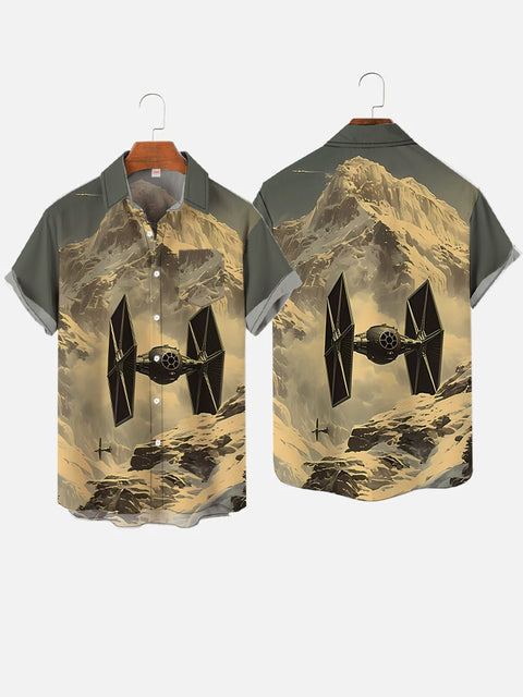 Ukiyo-E Art Sci-Fi Space War Iceberg And Space Fighter Printing Breast Pocket Short Sleeve Shirt