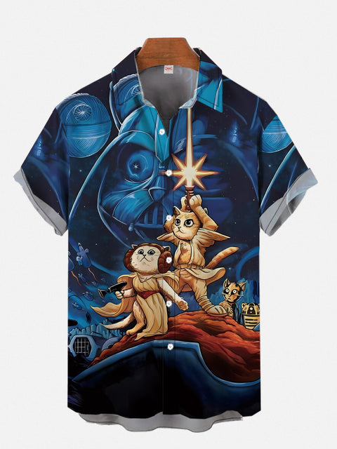 Cartoon Space War Cat Warriors With Swords Printing Short Sleeve Shirt