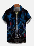 Vogue Blue Fire Flame Wings Guitar And Musical Notes Printing Short Sleeve Shirt