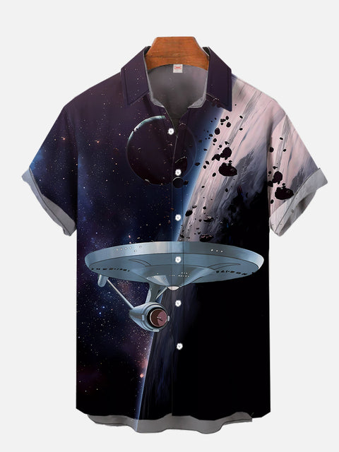 Sci-Fi Interstellar Travel Fleet Starships And Meteorites Printing Short Sleeve Shirt
