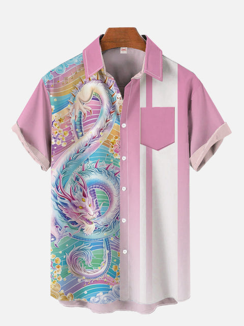 Vintage Pink And White Stripe And Musical Note Dragon Pattern Printing Breast Pocket Short Sleeve Shirt