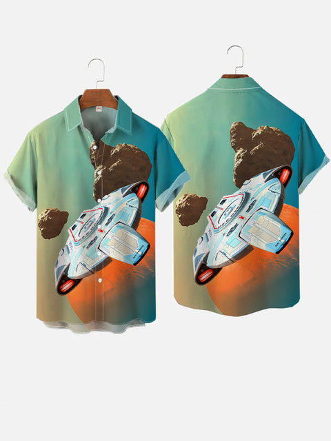 Cyan Space And Sci-Fi Space War Starship Printing Short Sleeve Shirt
