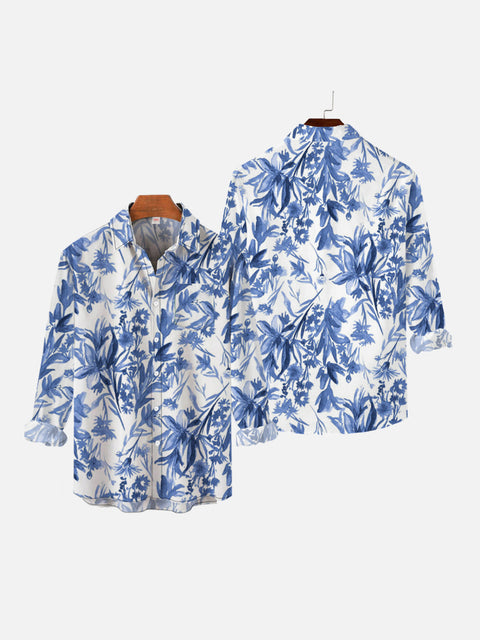 Vintage Blue And White Floral Printing Long Sleeve Shirt