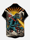 Ukiyo-E Monster Art Fire-Breaking Godzilla Riding A Tricycle Printing Short Sleeve Shirt