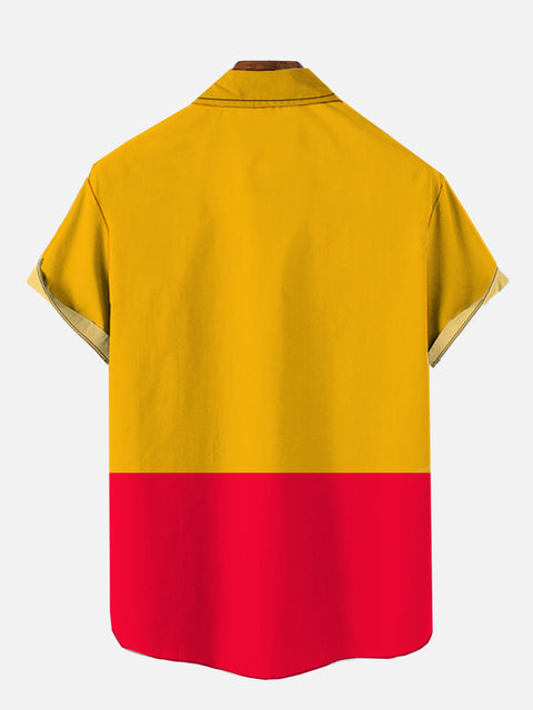 Red And Yellow Spliced Cartoon Bear Cartoon Costume Printing Short Sleeve Shirt