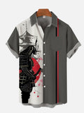 Ukiyo-E Retro Gray Spliced Ink Painting Samurai Printing Breast Pocket Short Sleeve Shirt