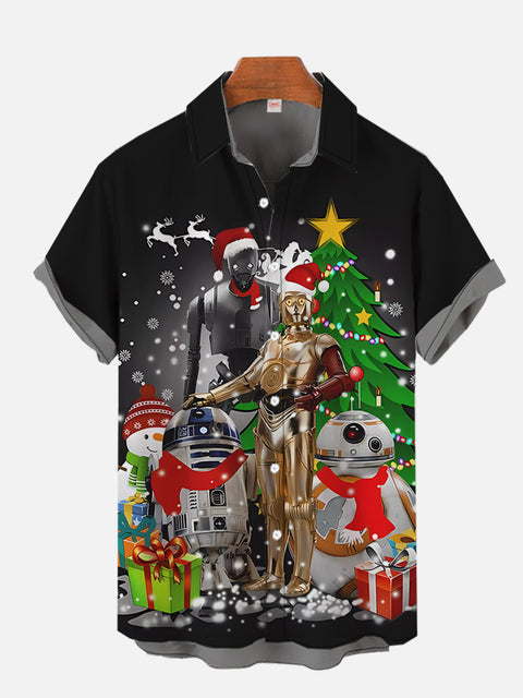 Black Merry Christmas Night Christmas Tree And Space High-Tech Robots And Festive Lights Printing Short Sleeve Shirt
