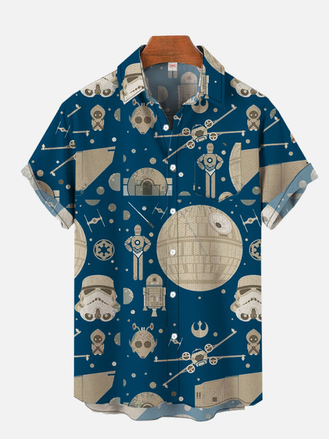 Retro Blue Space War Elements Planet And Robots Printing Short Sleeve Shirt
