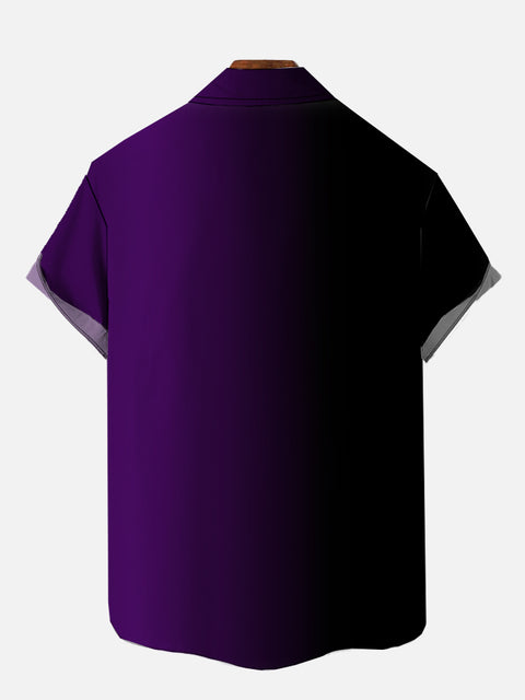 Gradient Black And Purple With Blazing Fire Printing Breast Pocket Short Sleeve Shirt