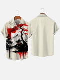 Ukiyo-E Red And Black Ink Painting Art Red Sun And Solitary Pavilion Printing Short Sleeve Shirt