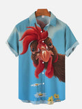 Curious Rooster And Flowers Under Blue Sky Printing Short Sleeve Shirt