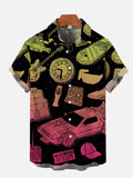 Pink And Yellow Gradient Science Fiction Space Cartoon Time Travel Car And Clock Printing Short Sleeve Shirt