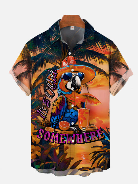 It's 5 O' Clock Somewhere Colorful Sunset Coconut Trees And Parrot Printing Short Sleeve Shirt