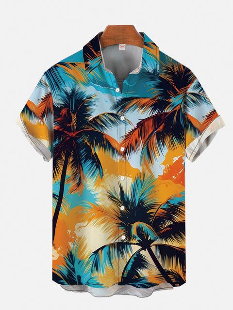 Classic Hawaiian Colorful Tropical Coconut Leaves Printing Short Sleeve Shirt
