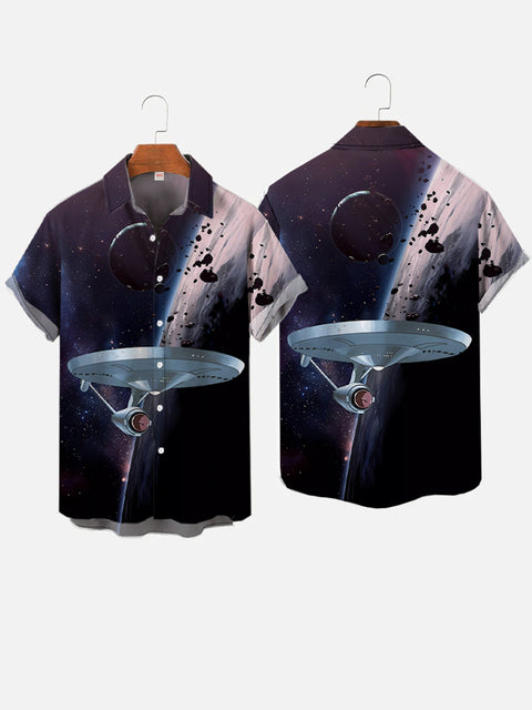 Sci-Fi Interstellar Travel Fleet Starships And Meteorites Printing Short Sleeve Shirt