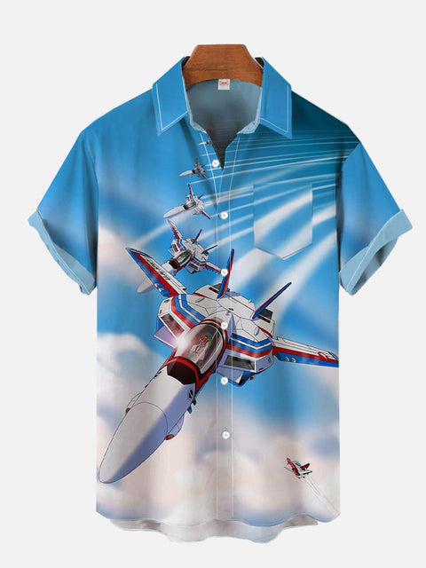 Sci-Fi Space Fleet Flying In The Blue Sky Printing Breast Pocket Short Sleeve Shirt