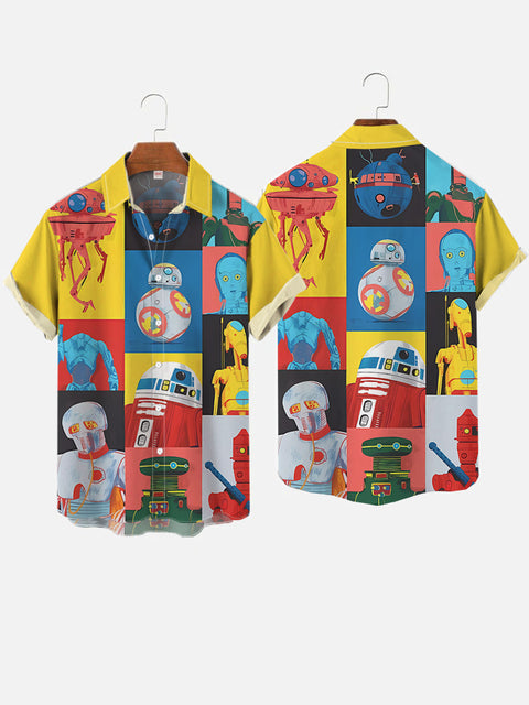 Retro Comic Book Brightly Colored Color Blocks And Space War Robots Printing Short Sleeve Shirt