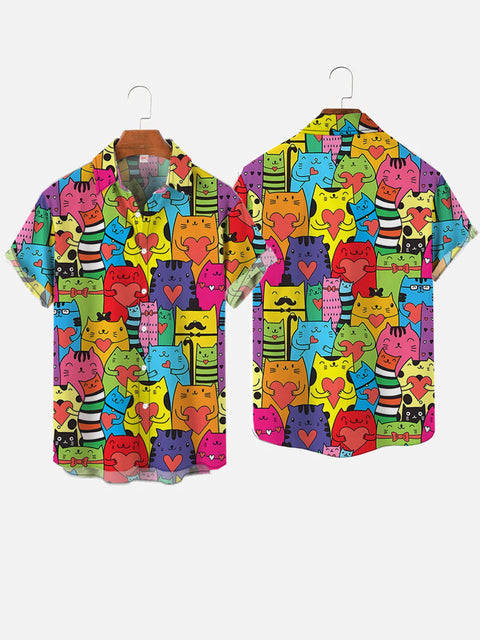 Cartoon Colorful Hand-Painted Cats And Hearts Printing Short Sleeve Shirt